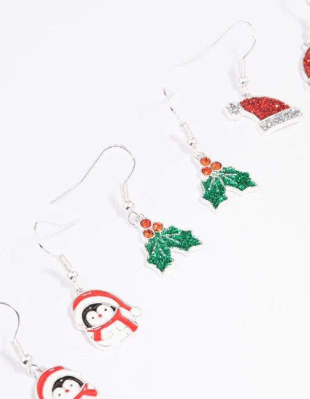 Lightweight Drop Earrings for Comfort-Silver Holly, Santa & Penguin Drop Earrings 3-Pack