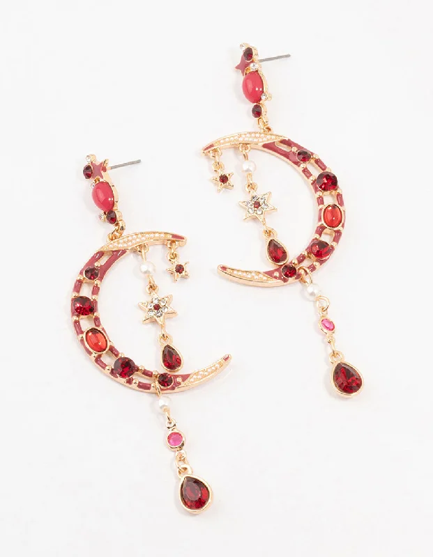 Floral Drop Earrings for Feminine-Gold Celestial Red  Stone Drop Earrings