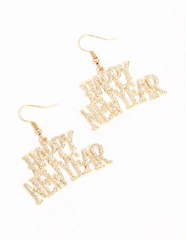 Formal Drop Earrings for Special-Gold Diamante Happy New Year Drop Earrings