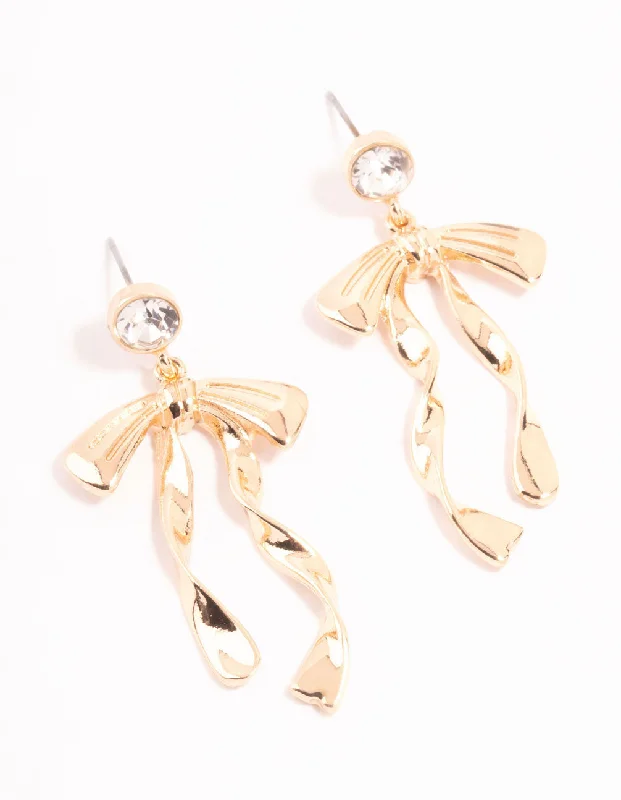 Branded Drop Earrings for Quality-Gold Diamante Long Bow Drop Earrings