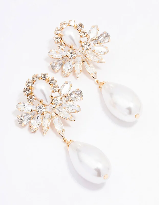 Floral Drop Earrings for Feminine-Gold Diamante & Pearl Ornate Drop Earrings