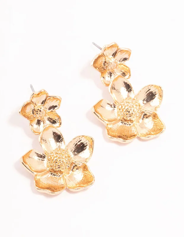 Patterned Drop Earrings for Interest-Gold Double Flower Drop Earrings