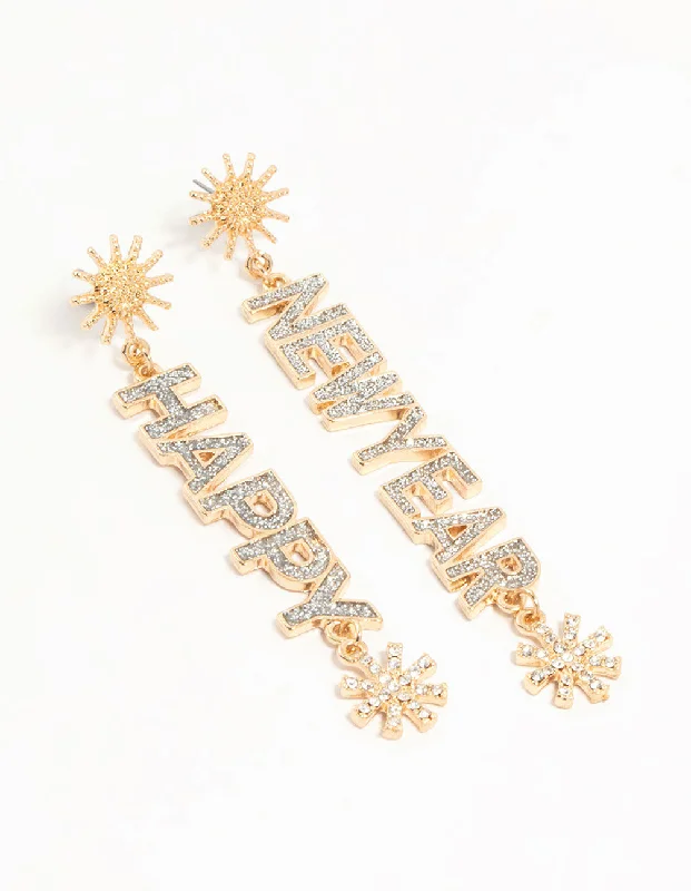 Vintage-Inspired Drop Earrings for Retro-Gold Happy New Years Eve Diamante Drop Earrings