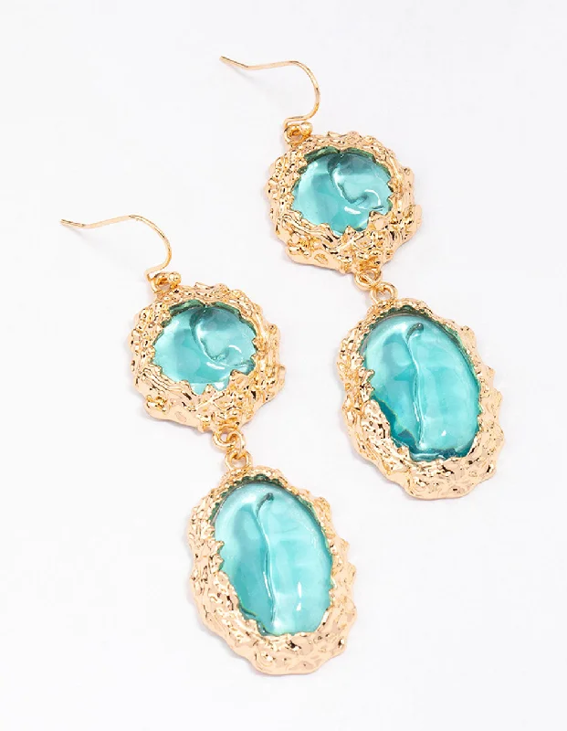 Coral Drop Earrings for Tropical-Gold Molten Double Row Round Drop Earrings