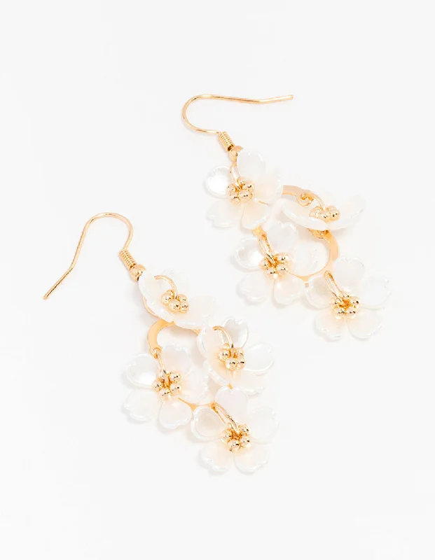 Square Drop Earrings for Modern-Gold Pearl Flower Vine Drop Earrings