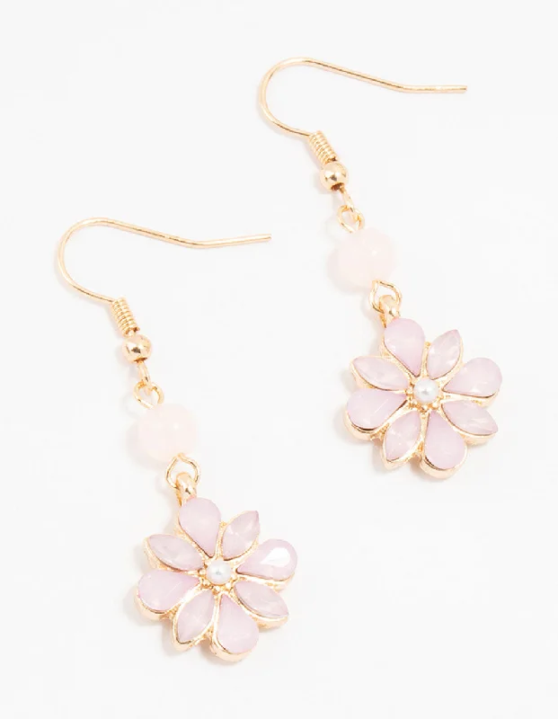 Romantic Drop Earrings for Loving-Gold & Pink Beaded Diamante Flower Drop Earrings