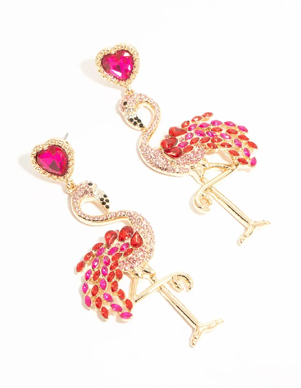 Gothic Drop Earrings for Dark-Gold Pink Diamante Flamingo Drop Earrings