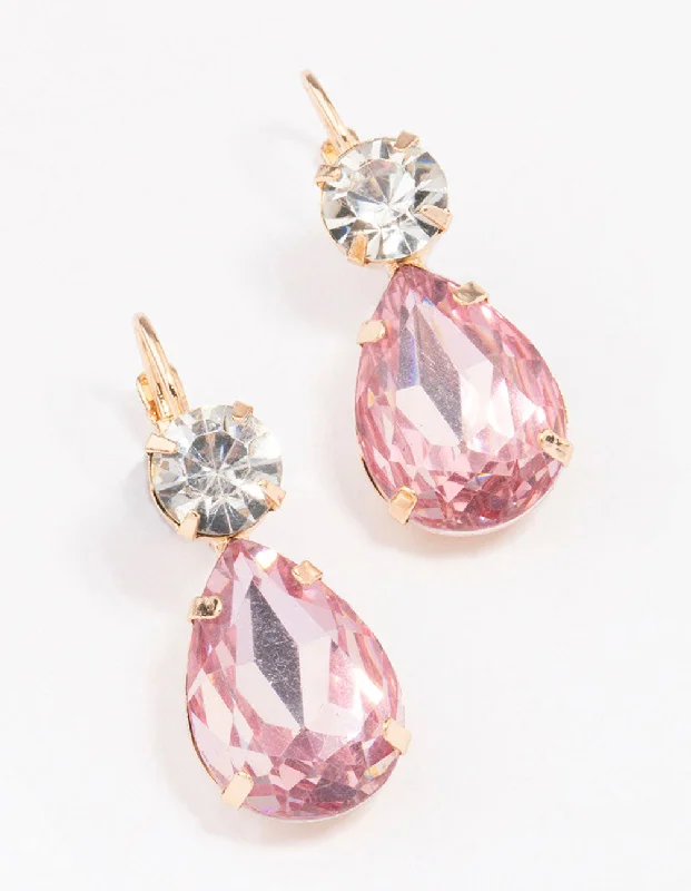 Modern Drop Earrings for Contemporary-Gold Pink Pear Crystal Drop Earrings