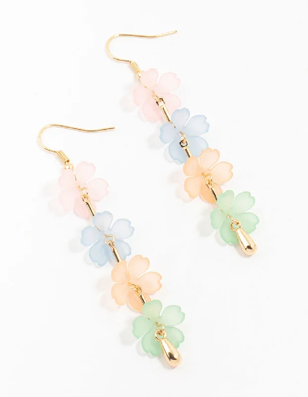 Casual Drop Earrings for Everyday-Gold Rainbow Flower Strand Drop Earrings