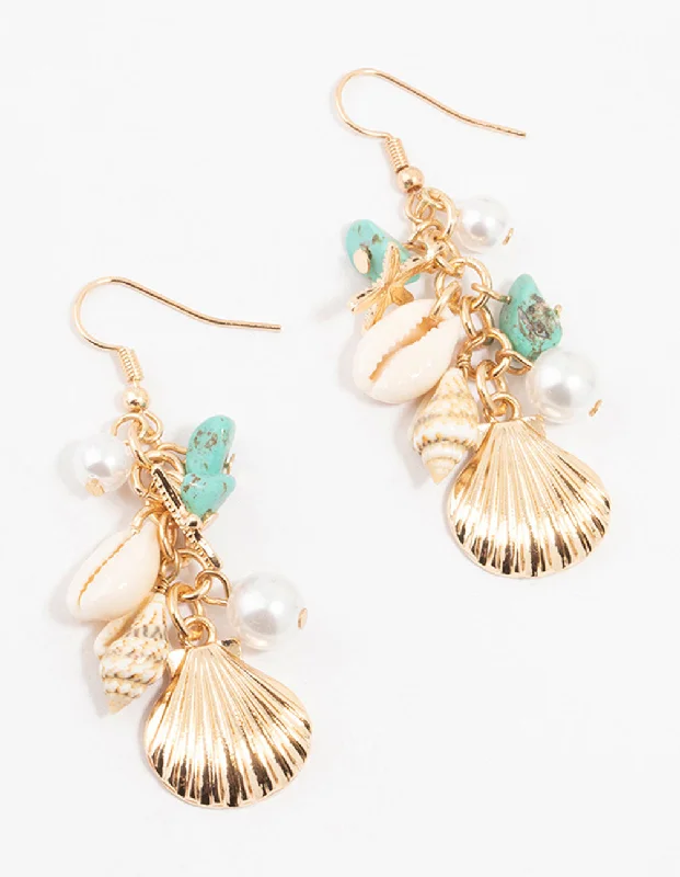 Moonstone Drop Earrings for Dreamy-Gold Shell, Pearl & Blue Stone Drop Earrings