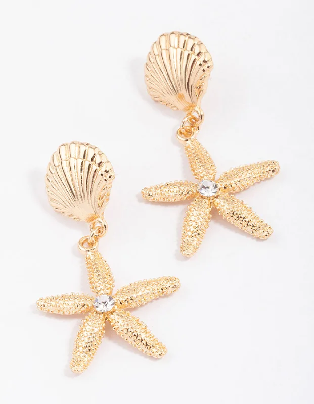 Crocheted Drop Earrings for Handmade-Gold Textured Shell & Starfish Drop Earrings