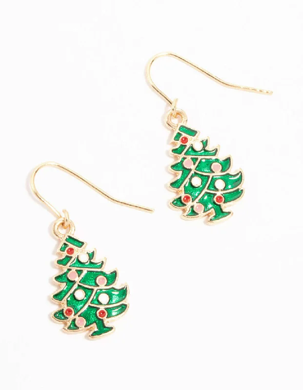 Vintage Drop Earrings for Nostalgic-Green Enamel Tree Drop Earrings