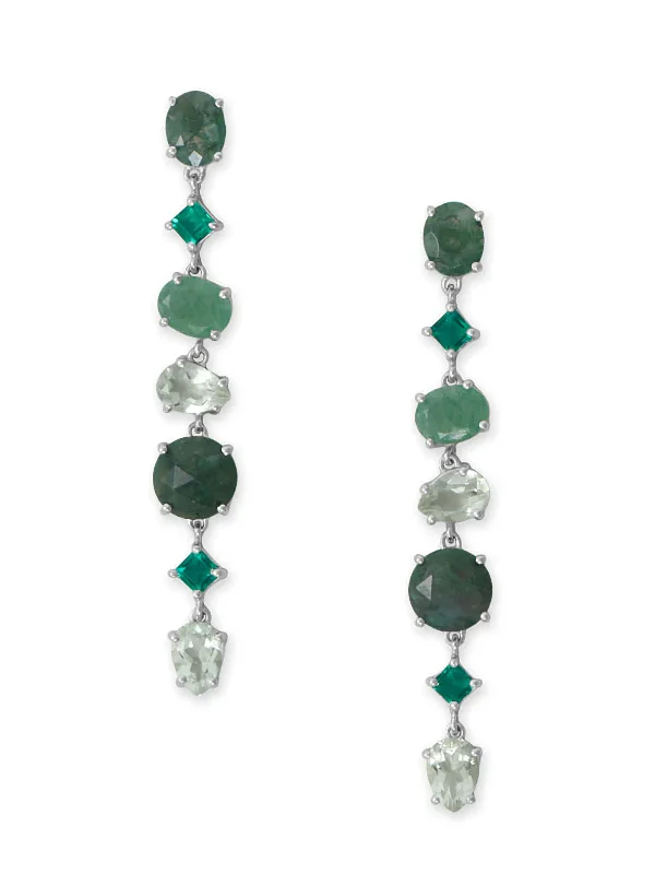 Amethyst Drop Earrings for Mysterious-Green Moss Agate, Prehnite, Prasiolite, and Glass Drop Earrings Rhodium on Sterling Silver