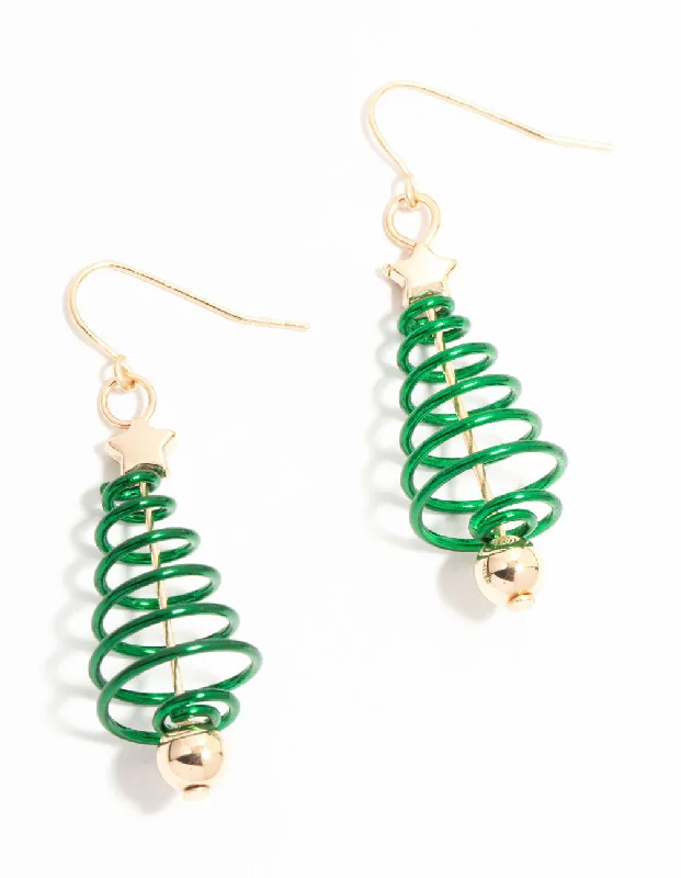 Coral Drop Earrings for Tropical-Green & Gold Spiral Tree Drop Earrings