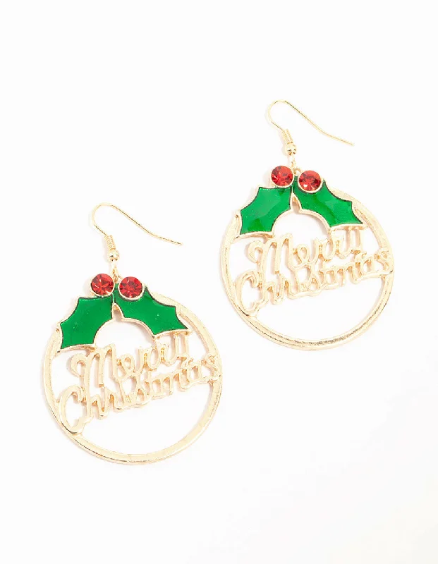 Colorful Drop Earrings for Vivid-Gold Merry Christmas Wreath Hoop Drop Earrings