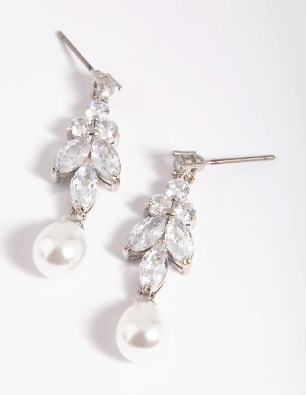 Hypoallergenic Drop Earrings for Sensitive-Rhodium Diamond Simulant Marquise Pearl Drop Earrings