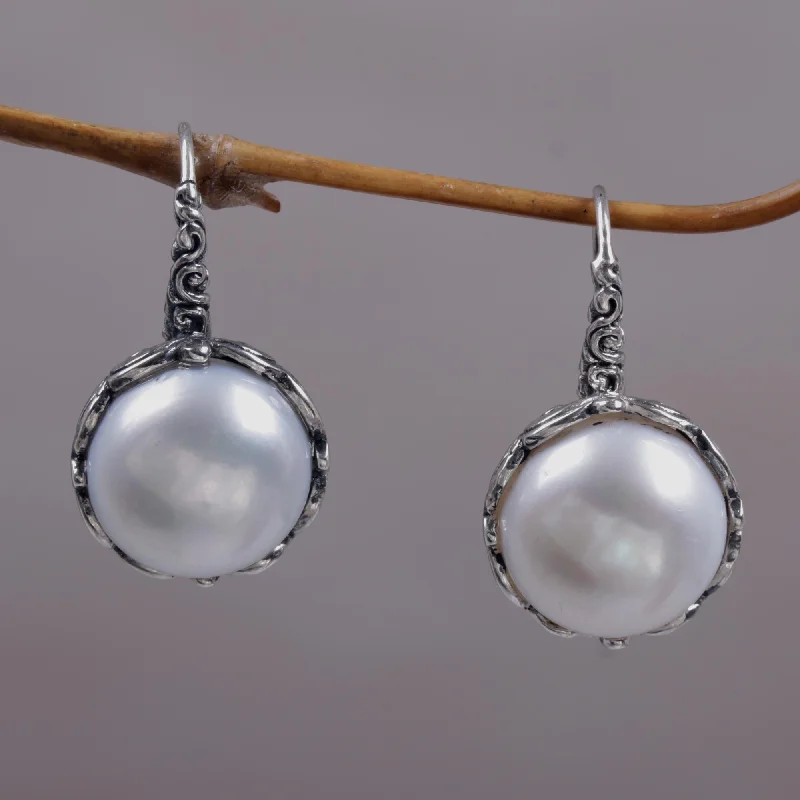 Layered Drop Earrings for Dramatic-Lunar Bloom Cultured Pearl and Sterling Silver Drop Earrings from Bali