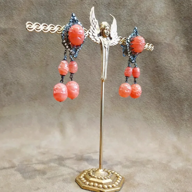 Celtic Drop Earrings for Heritage-Miriam Haskell Coral Glass Drop Earrings