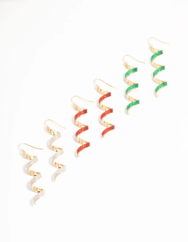 Amber Drop Earrings for Warm-Multicoloured Glitter Spiral Drop Earrings  3-Pack