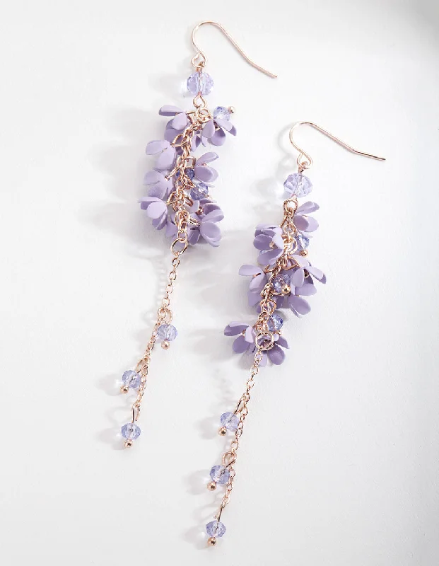 Rose Gold Drop Earrings for Romantic-Purple Flower Cluster Drop Earrings