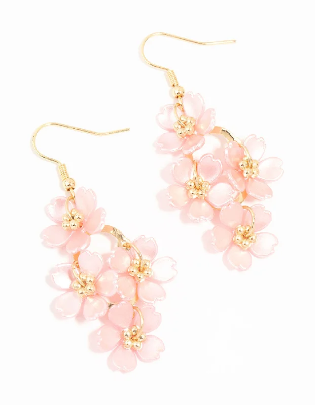 Padded Drop Earrings for Ear-Pink Pearlised Flower Vine Gold Drop Earrings