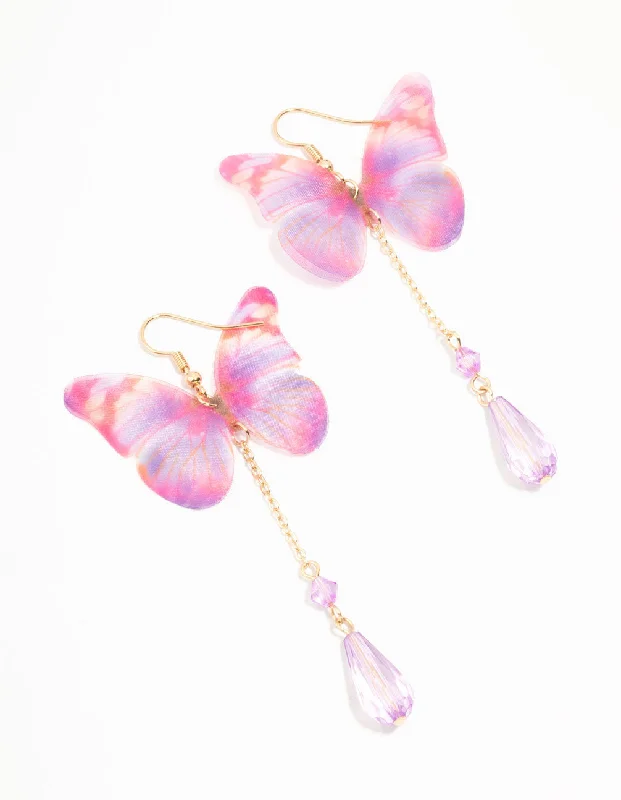 School Drop Earrings for Students-Pink Tie Dye Butterfly Drop Earrings