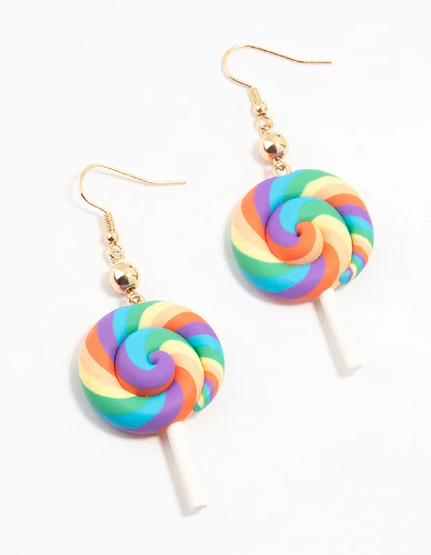 Delicate Drop Earrings for Feminine-Plastic Rainbow Swirl Lollipop Drop Earrings