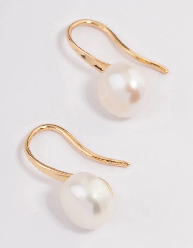 Gym Drop Earrings for Active-Gold Plated Freshwater Pearl Small Hook Drop Earrings