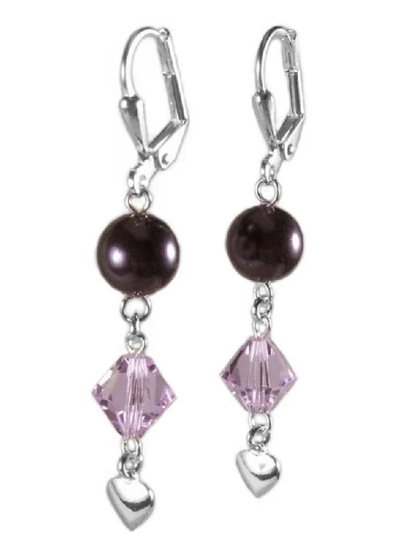 Vintage Drop Earrings for Nostalgic-Purple Drop Earrings Made with Swarovski(R) Crystals and Pearls Heart Charm Drop