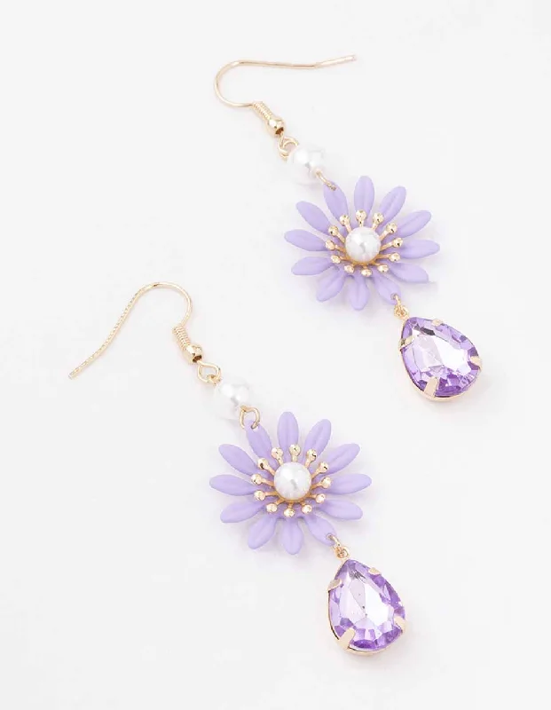 Opal Drop Earrings for Iridescent-Purple Flower Pearl Drop Earrings