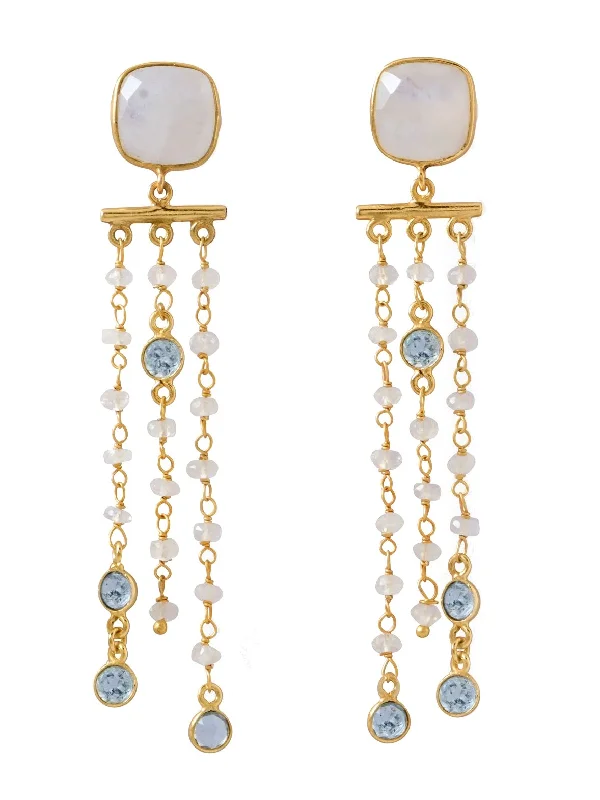 Medium Drop Earrings for Versatile-Rainbow Moonstone Bar Drop Earrings with Blue Topaz Gold-plated Sterling Silver