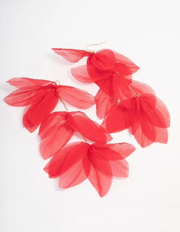 Infinity Drop Earrings for Eternal-Red Chiffon Fabric Petal Leaf Drop Earrings