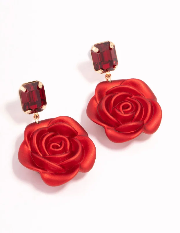 Maximalist Drop Earrings for Bold-Red Diamante & Rose Acrylic Drop Earrings