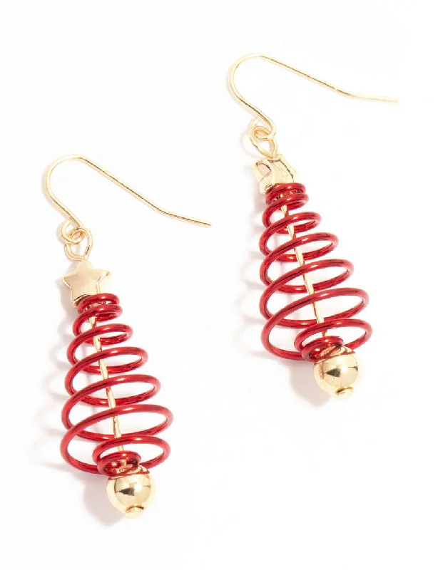 Gemstone Drop Earrings for Colorful-Red & Gold Spiral Tree Drop Earrings