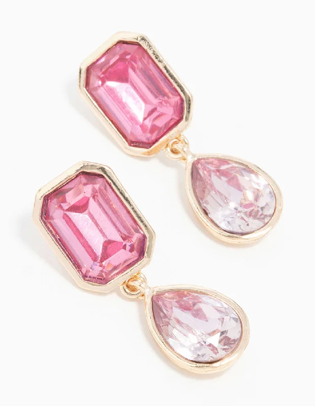 Large Drop Earrings for Statement-Rose Gold Pink Diamante Drop Earrings