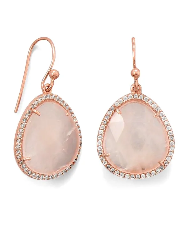 Adjustable Drop Earrings for Custom-Rose Quartz and Cubic Zirconia Drop Earrings Rose Gold-plated Silver