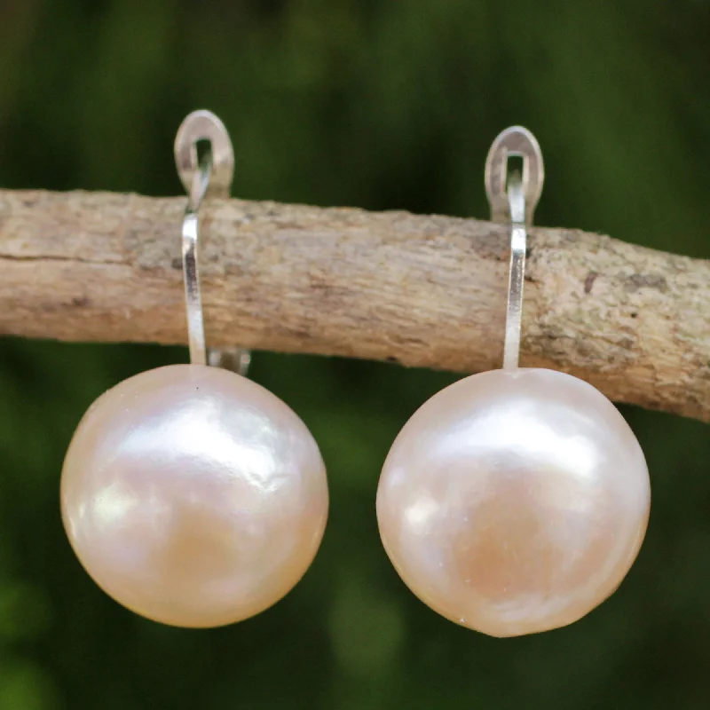 Quartz Drop Earrings for Simple-Rosy Moon Peach-Hued Cultured Pearl and 925 Silver Drop Earrings