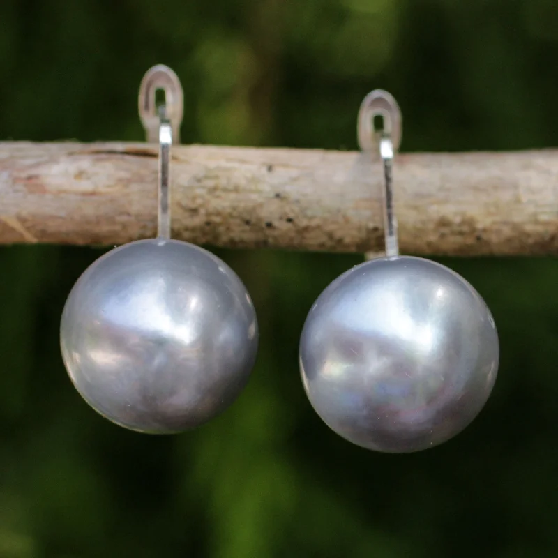 Onyx Drop Earrings for Bold-Shadowy Moon Handcrafted Gray Pearl Drop Earrings from Thai Artisan