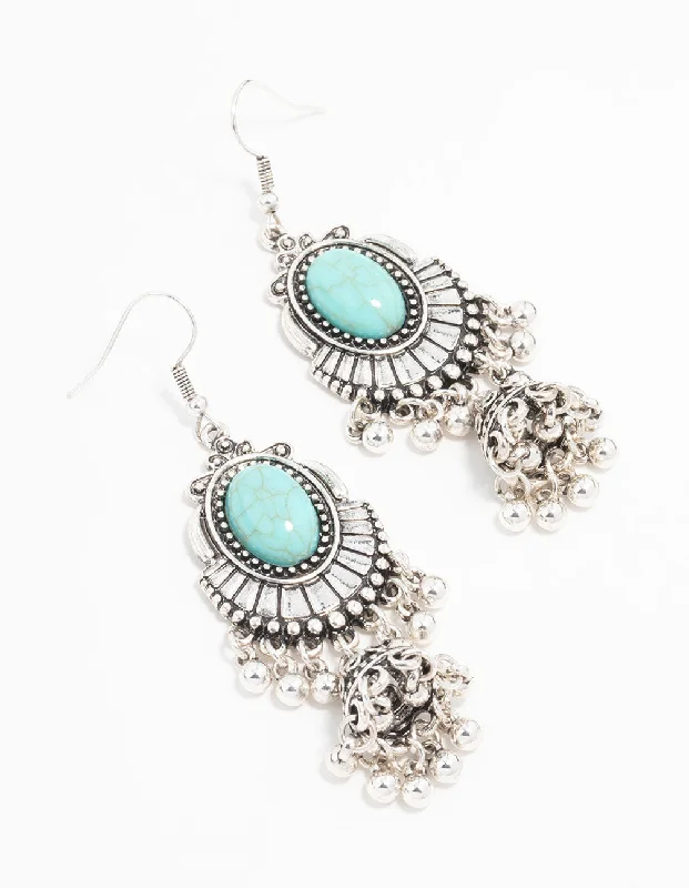 Butterfly-Shaped Drop Earrings for Cute-Silver Beaten Turquoise Drop Earrings