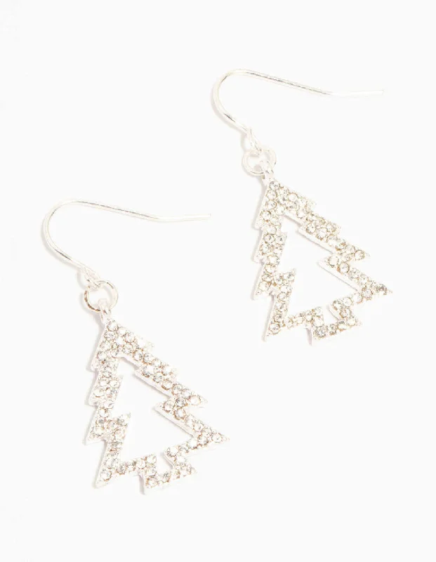 Work Drop Earrings for Professional-Silver Diamante Tree Outline Drop Earrings