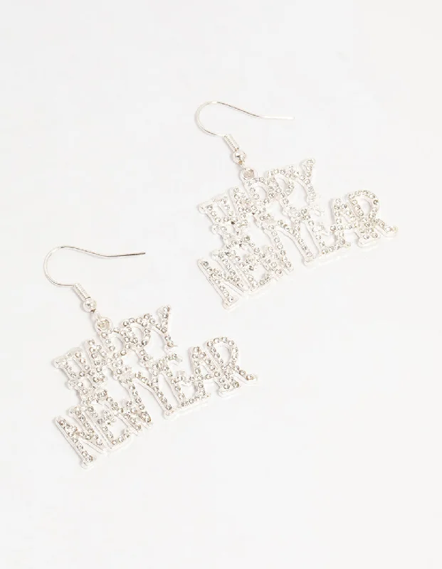 Round Drop Earrings for Traditional-Silver Happy New Year Diamante Drop Earrings