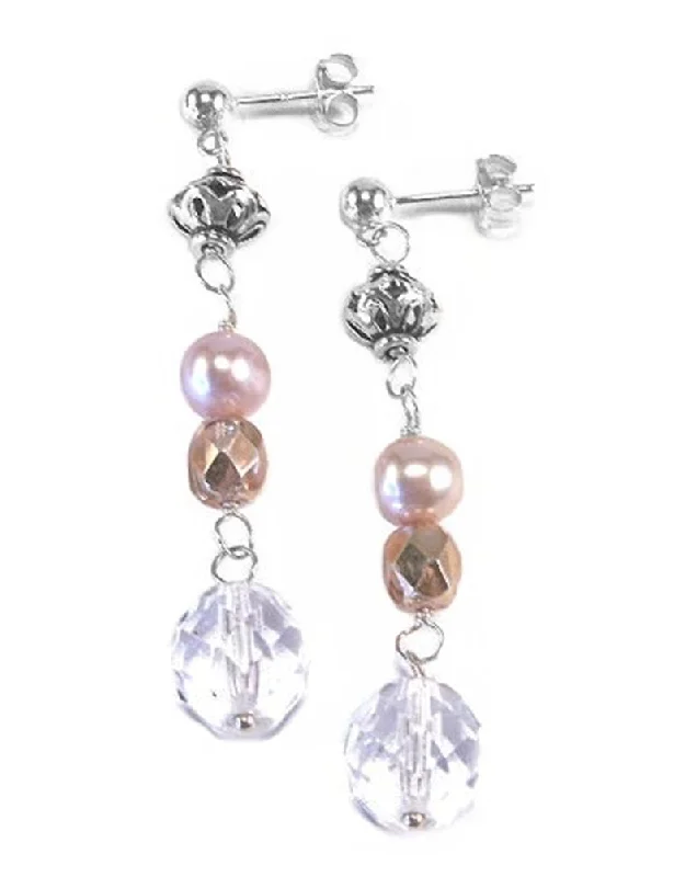 Work Drop Earrings for Professional-Sterling Silver Cultured Peach Pearl and Crystal Drop Earrings