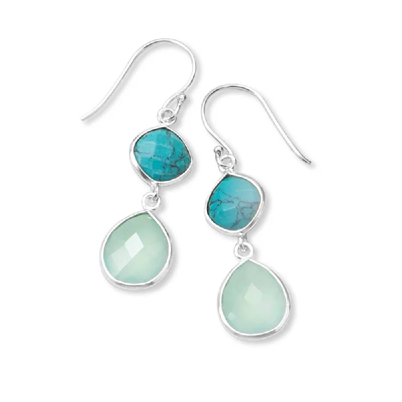 Engraved Drop Earrings for Personal-Sterling Silver Stabilized Turquoise and Chalcedony Drop Earrings