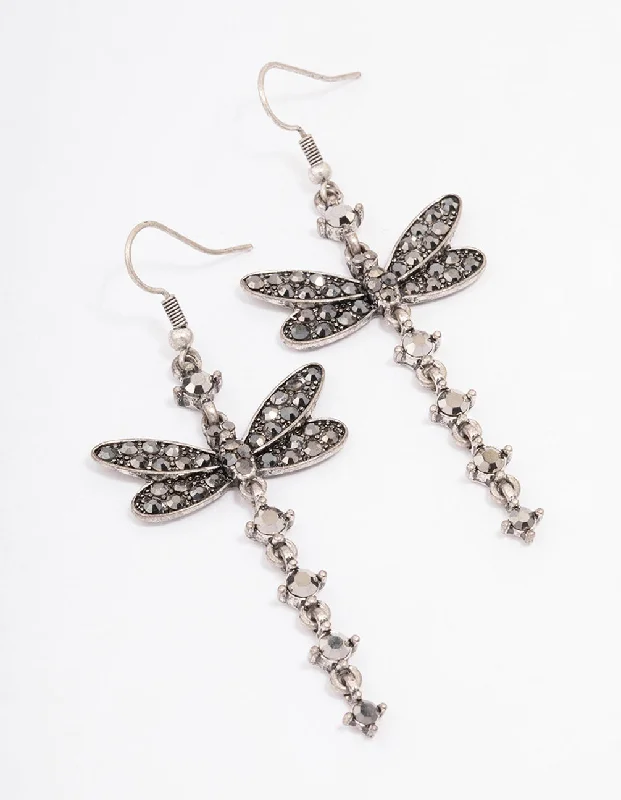 Designer Drop Earrings for High-End-Antique Silver Dragonfly Drop Earrings