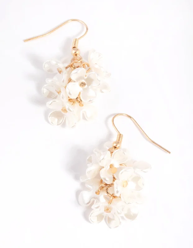 Rose Gold Drop Earrings for Romantic-White Pearlised Flower Cluster Drop Earrings