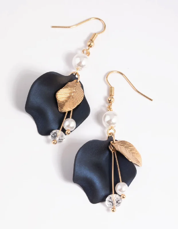 Gold Drop Earrings for Luxurious-Navy Pearlised Petal Drop Earrings