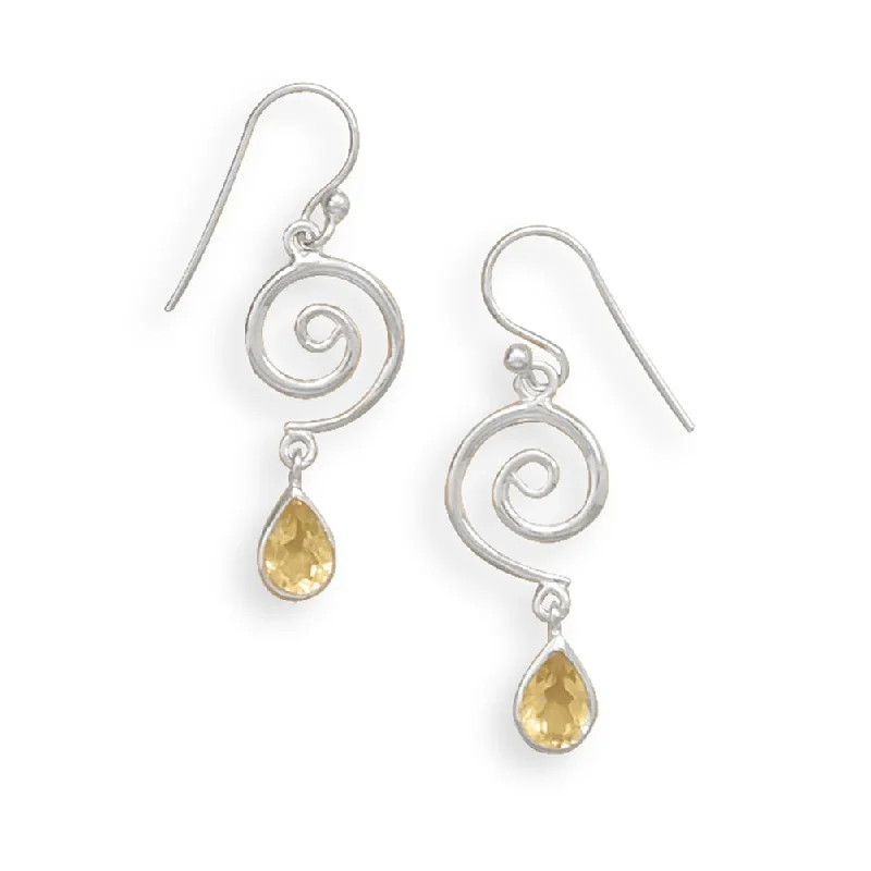 Citrine Drop Earrings for Cheerful-Yellow Citrine Swirl Coil Design Sterling Silver Drop Earrings