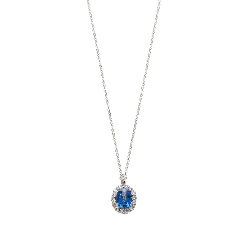 Nature-inspired pendant necklaces with leaf or floral designs for a feminine style -1.6ct Sapphire & Diamond Halo 18K White Gold Pendant Necklace