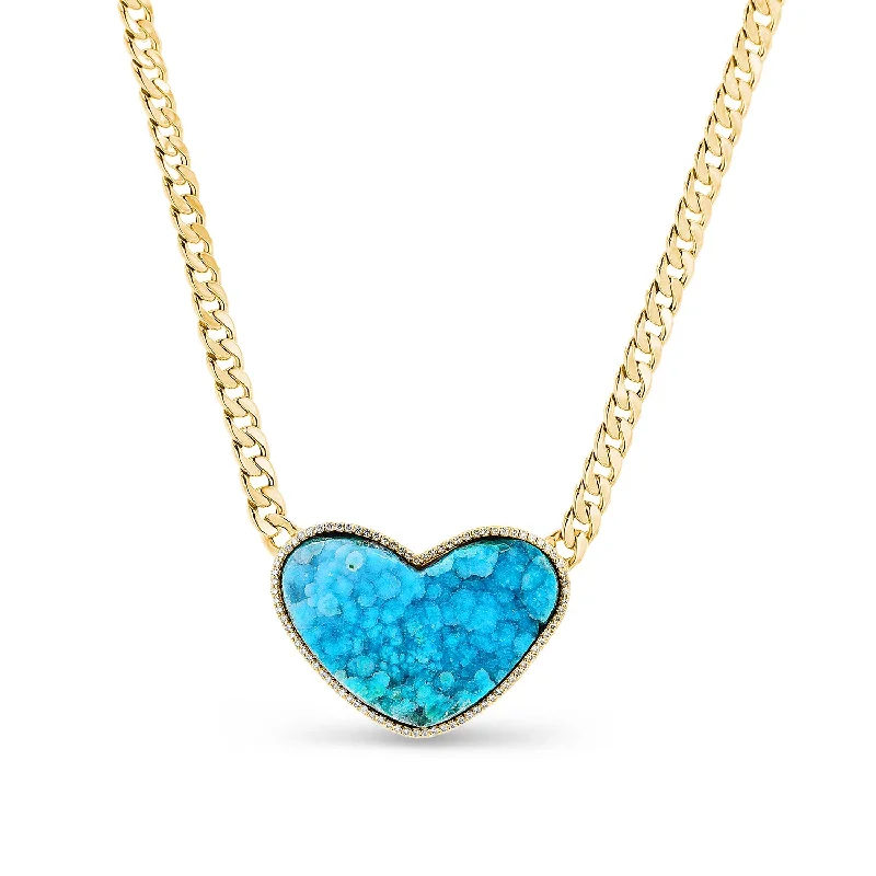 Beautiful turquoise pendant necklaces for women who love boho-chic, vibrant jewelry -14K Chrysocolla Druzy Heart Pendant on Cuban Curb Chain "One of a Kind"