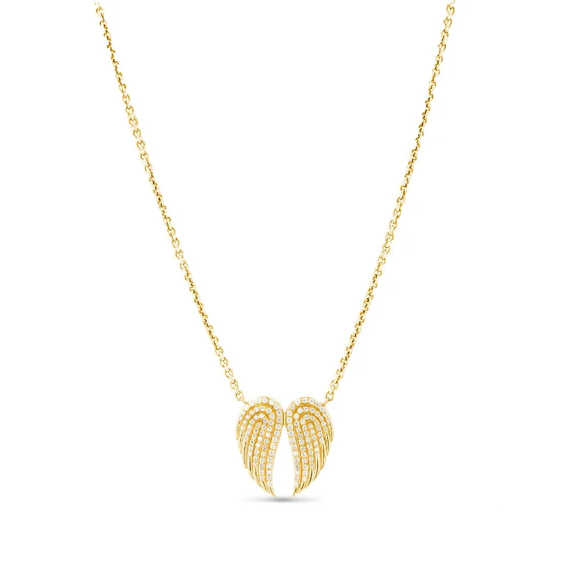 Minimalist bar pendants on delicate chains for a chic and modern style -14K Diamond Double Angel Wing Pendant on Cable Chain Necklace - 17-18"